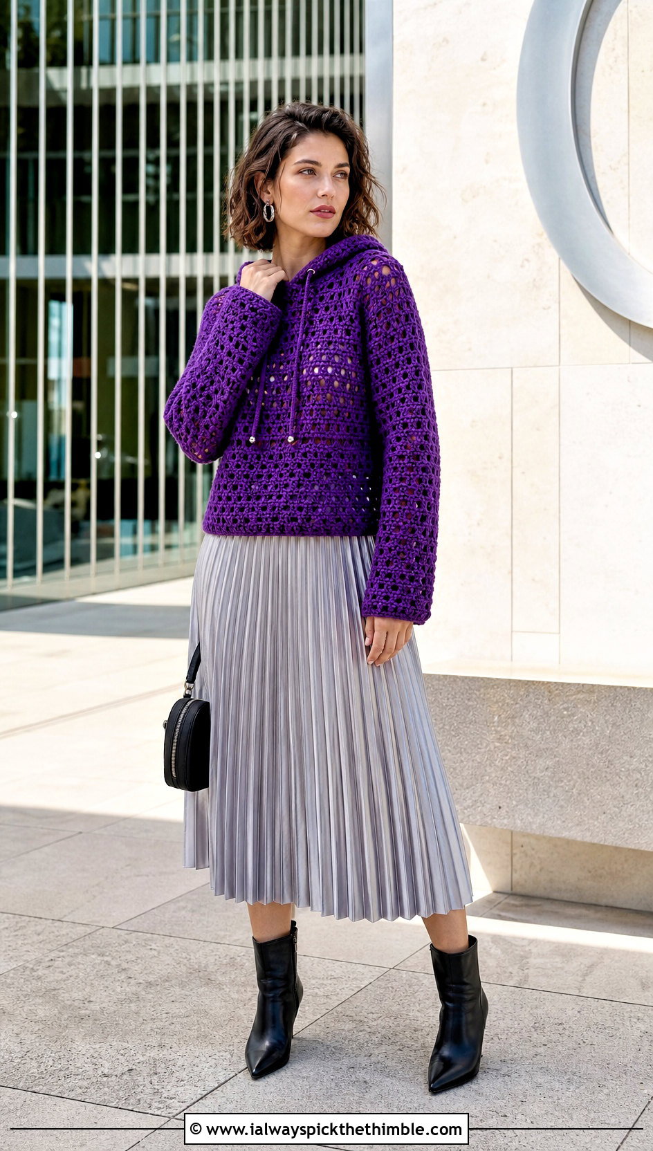 Pullover Hexi Crochet Hoodie With Pleated Midi Skirt - 20 hexi crochet hoodie outfit ideas