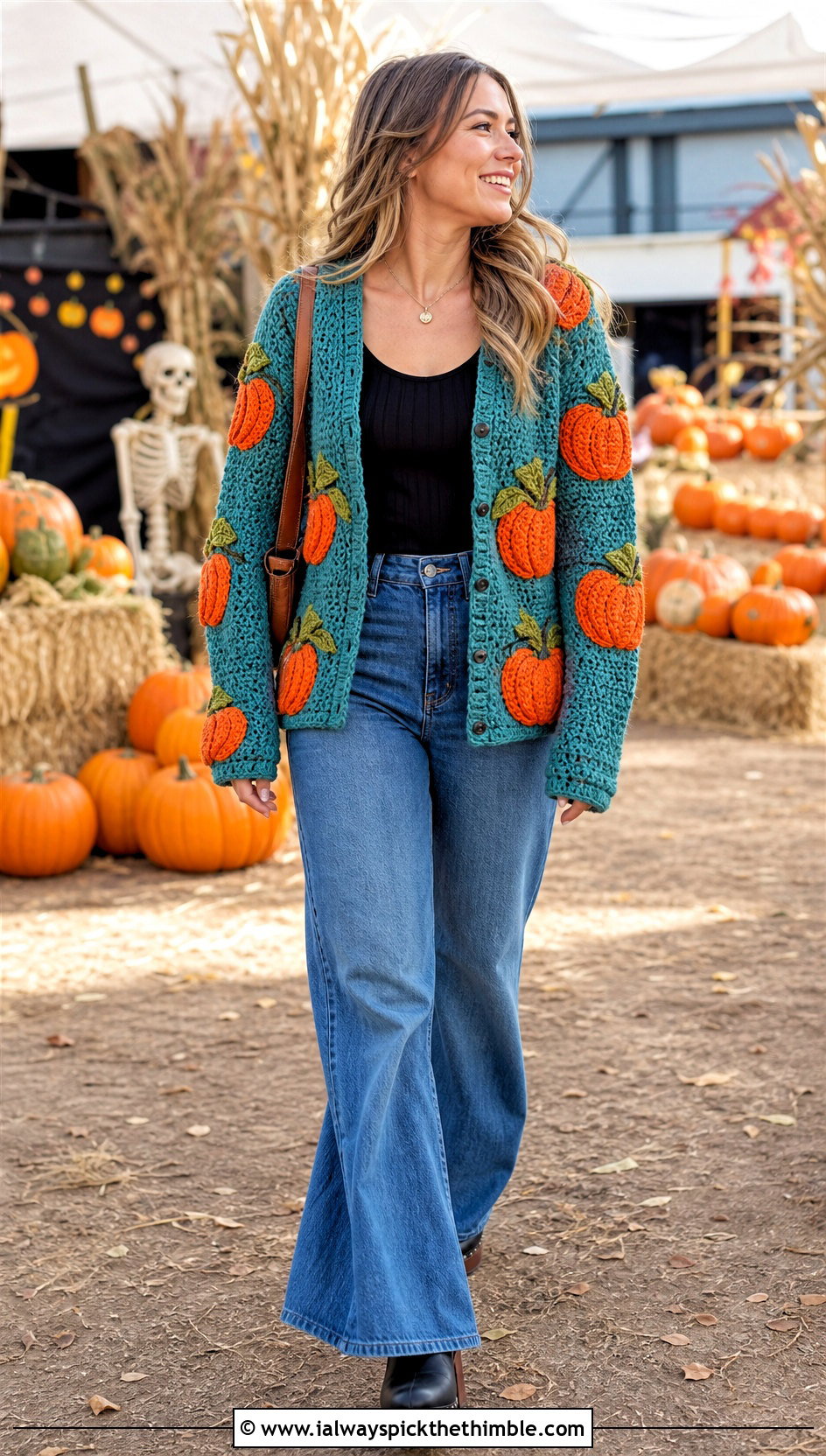 Pumpkin Applique Crochet Cardigan With Wide Leg Jeans - 20 halloween crochet cardigan outfit ideas
