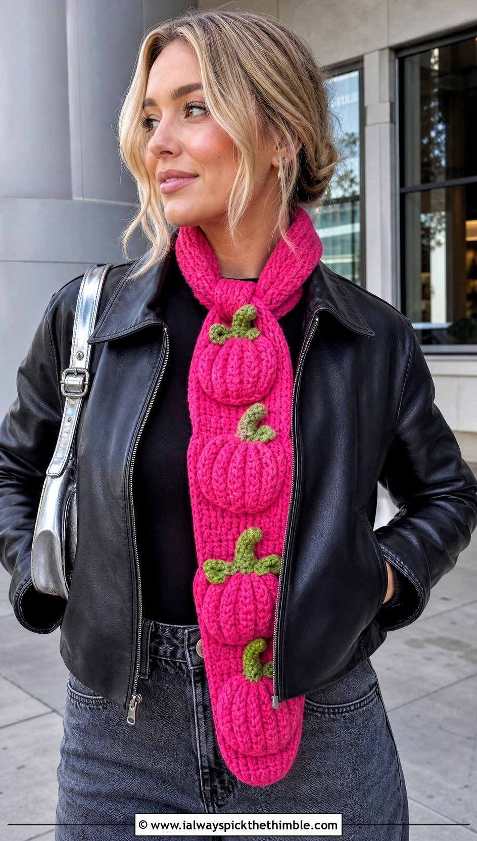 Pumpkin Applique Skinny Crochet Scarf With Leather Jacket - 15 crochet pumpkin scarf outfit ideas