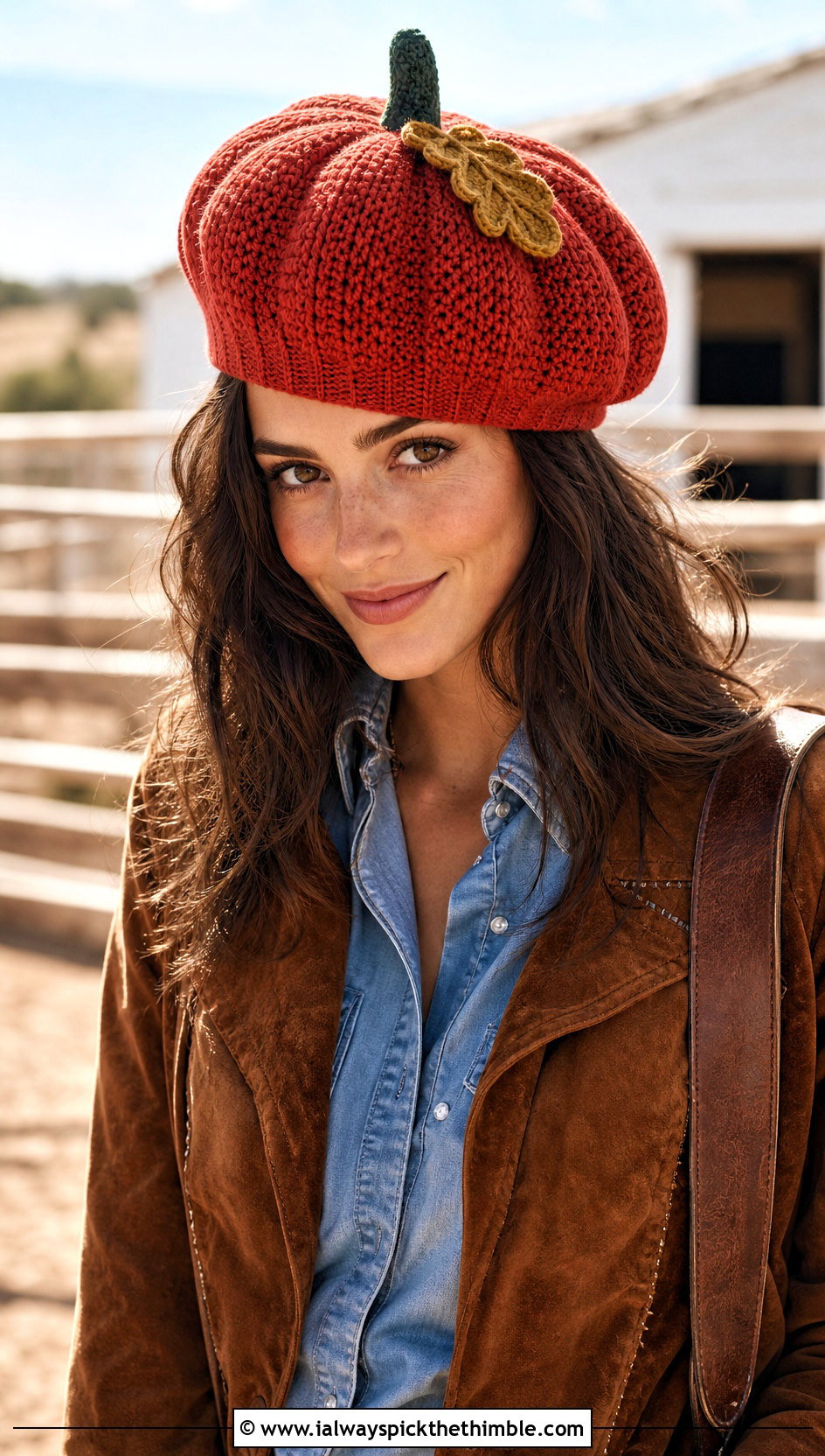 Pumpkin Beret Beanie With Western Denim Outfit - 20 crochet pumpkin beanie outfit ideas