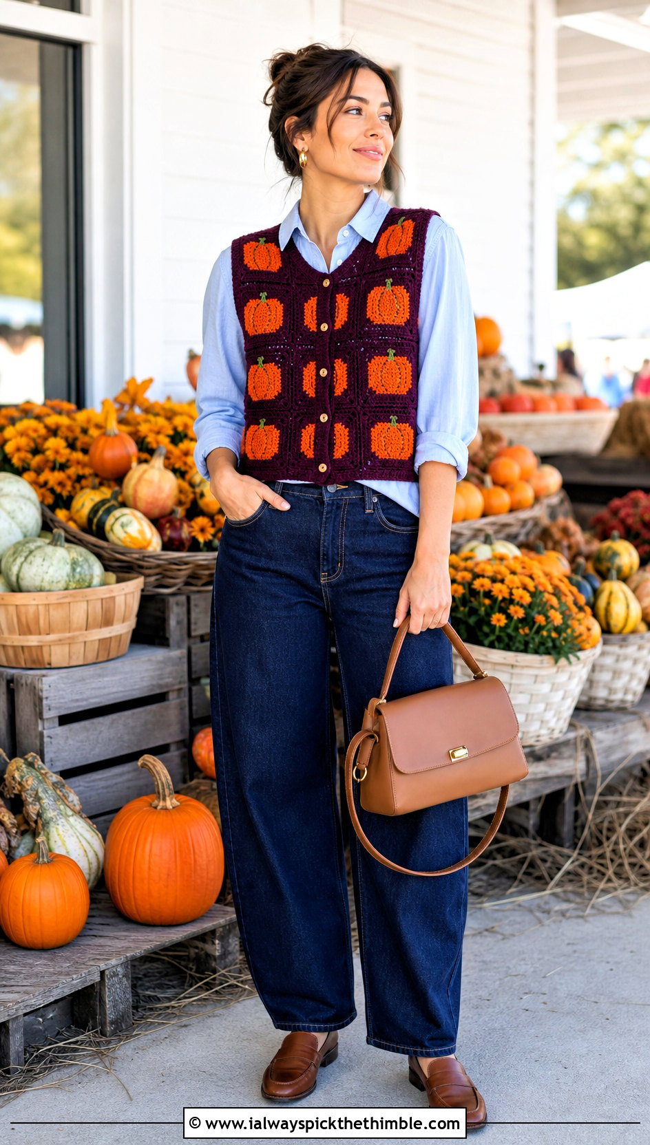 Pumpkin Crochet Vest With Button Down Shirt - 20 Crochet Halloween Clothes and outfit ideas