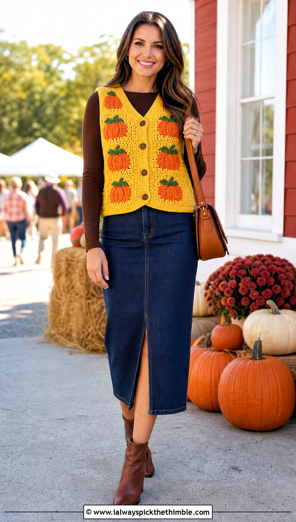 Pumpkin Crochet Vest With Denim Midi Skirt - 25 halloween crochet clothes and outfit ideas