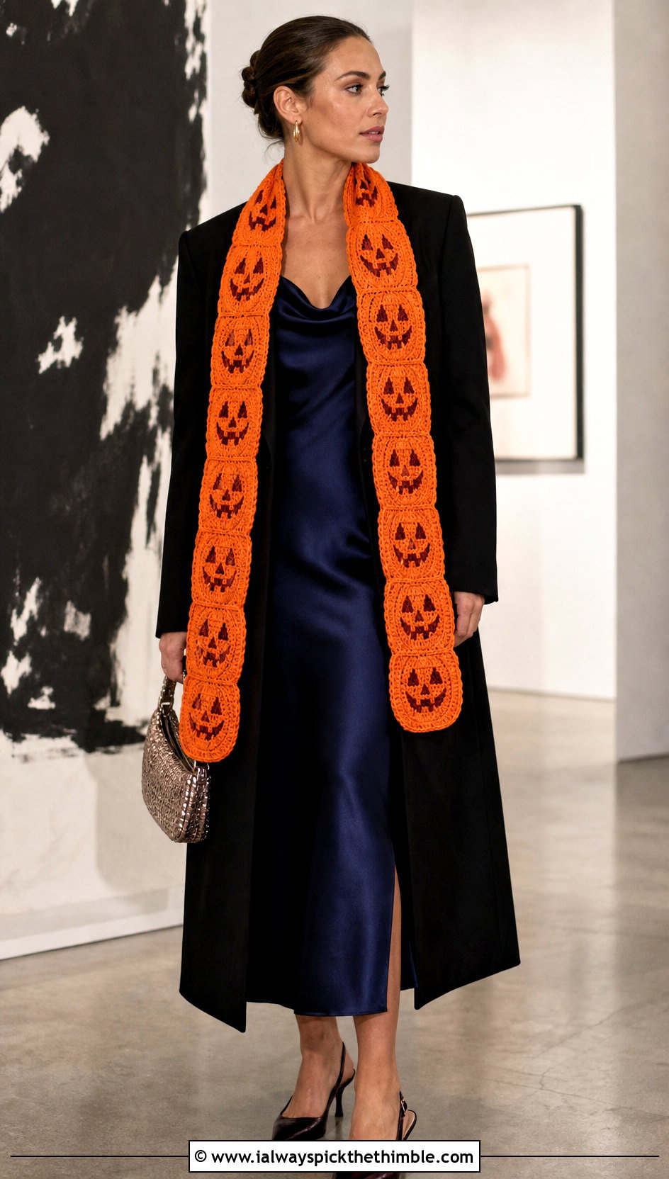 Pumpkin Face Crochet Scarf With Blazer And Slip Dress - 15 crochet pumpkin scarf outfit ideas