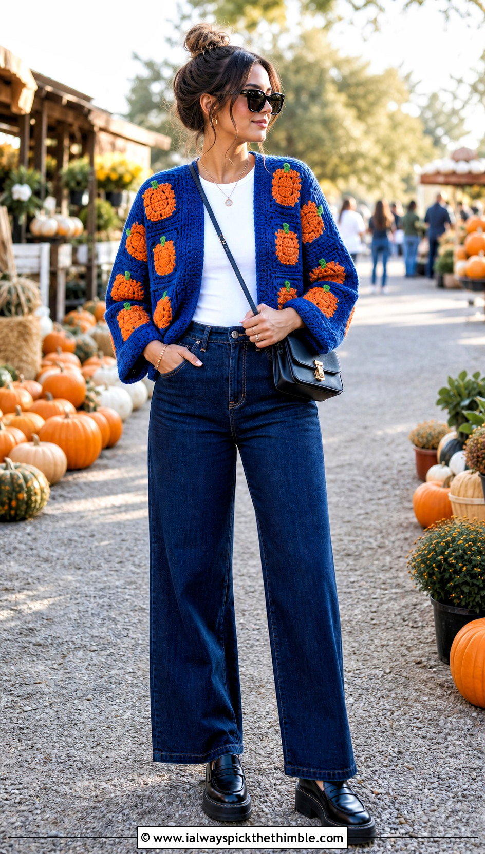 Pumpkin Granny Square Crochet Cardigan With Wide Leg Jeans - 20 Crochet Halloween Clothing and outfit ideas