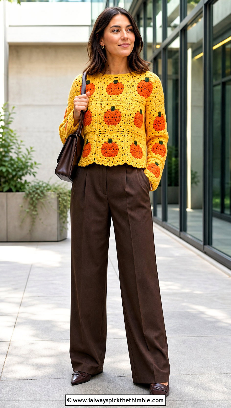 Pumpkin Granny Square Crochet Halloween Sweater With Wide Leg Trousers - 25 Crochet Halloween Sweater outfit ideas