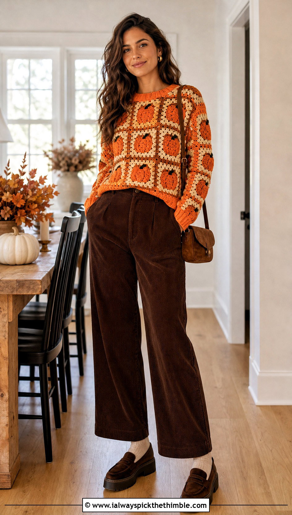 Pumpkin Granny Square Crochet Pullover With Corduroy Pants - 20 Crochet Thanksgiving Sweater outfit ideas