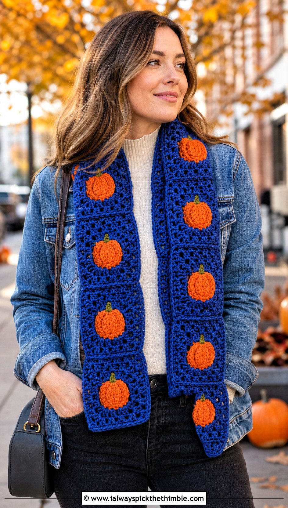 Pumpkin Granny Square Crochet Scarf With Denim Jacket - 15 crochet pumpkin scarf outfit ideas