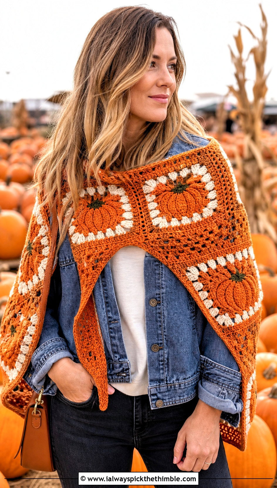 Pumpkin Granny Square Crochet Shawl With Denim - 20 halloween crochet shawl outfit ideas