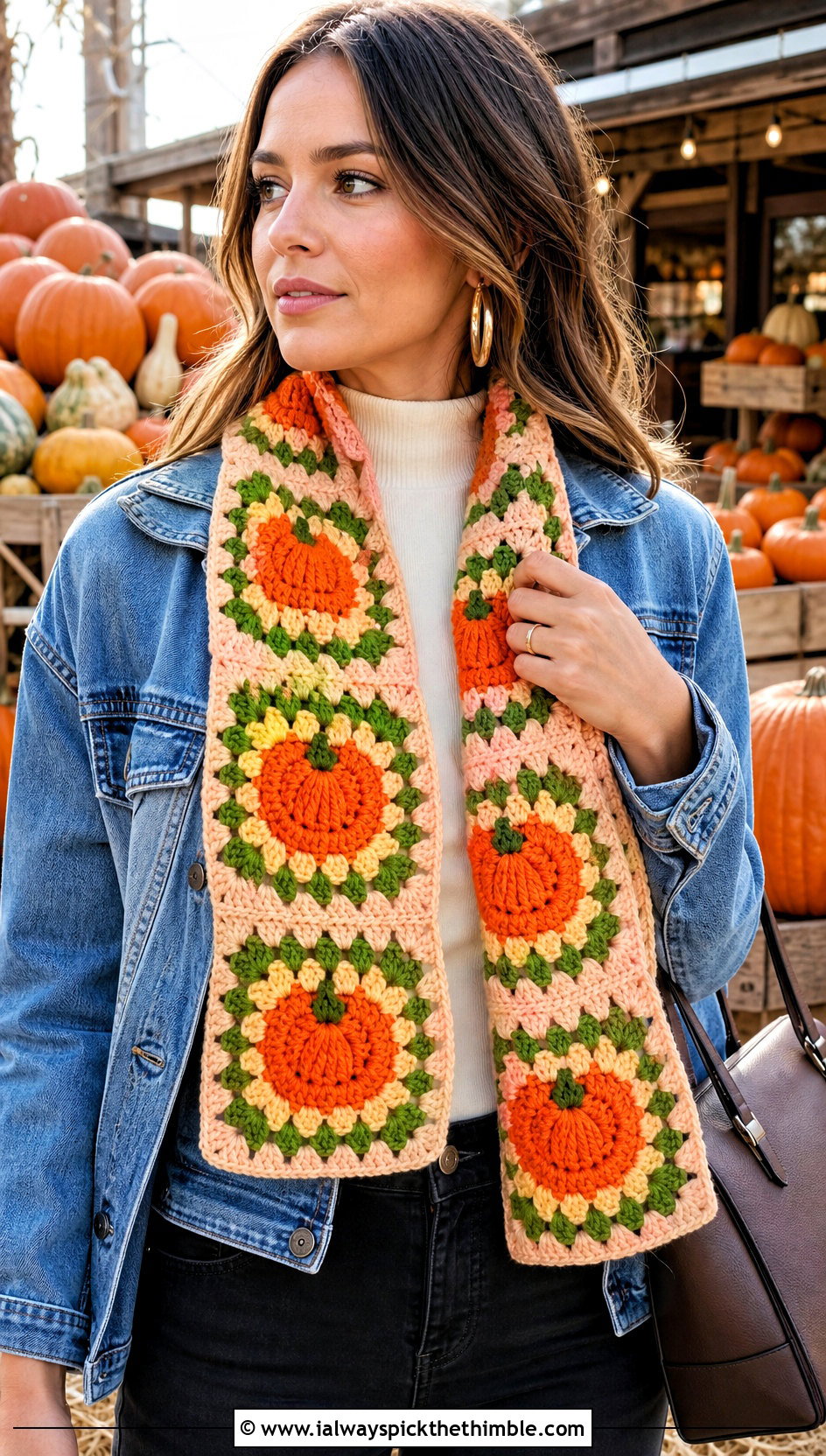 Pumpkin Granny Square Halloween Scarf With Denim Jacket - 20 crochet halloween scarf outfit ideas