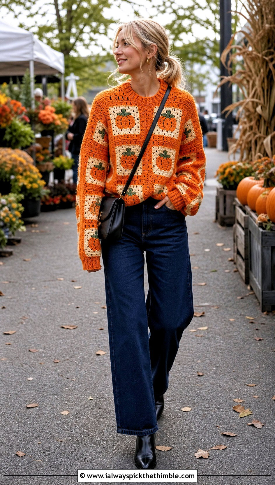 Pumpkin Granny Square Halloween Sweater With Wide Leg Jeans - 15 Crochet Granny Square Halloween Sweater outfit ideas