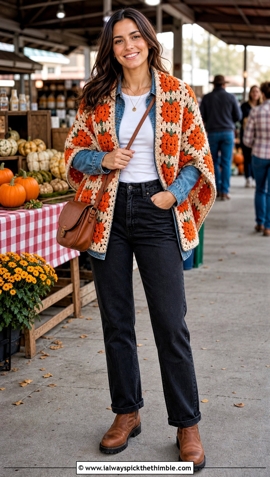 Pumpkin Granny Square Shawl With Denim Outfit - 20 Crochet Halloween Shawl outfit ideas