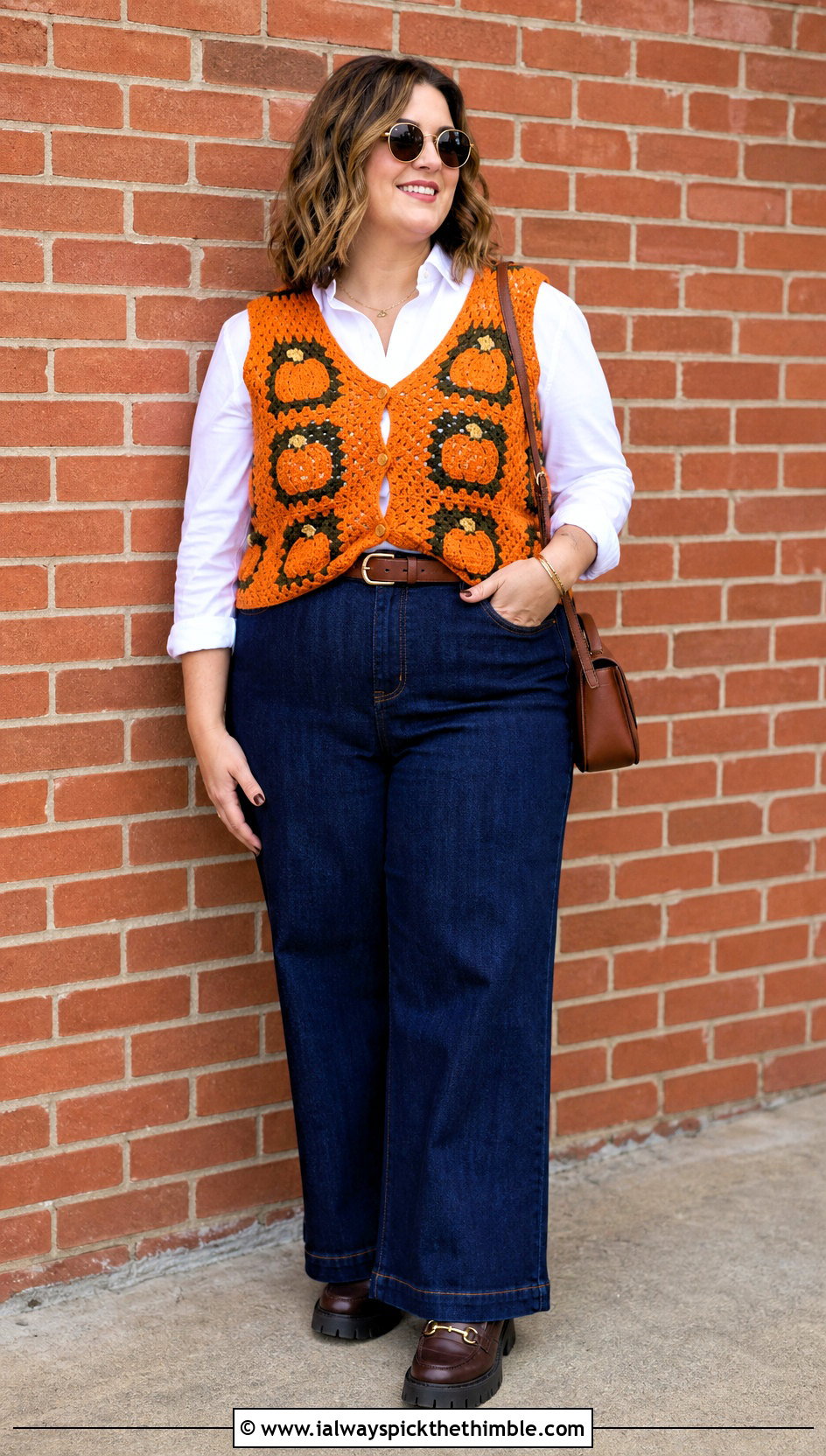 Pumpkin Granny Square Vest With Wide Leg Jeans - 20 crochet halloween outfit ideas