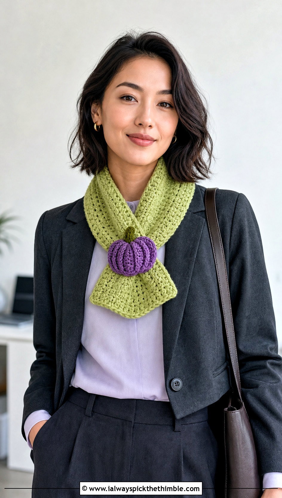 Pumpkin Keyhole Crochet Scarf With Wide Leg Trousers - 15 crochet pumpkin scarf outfit ideas