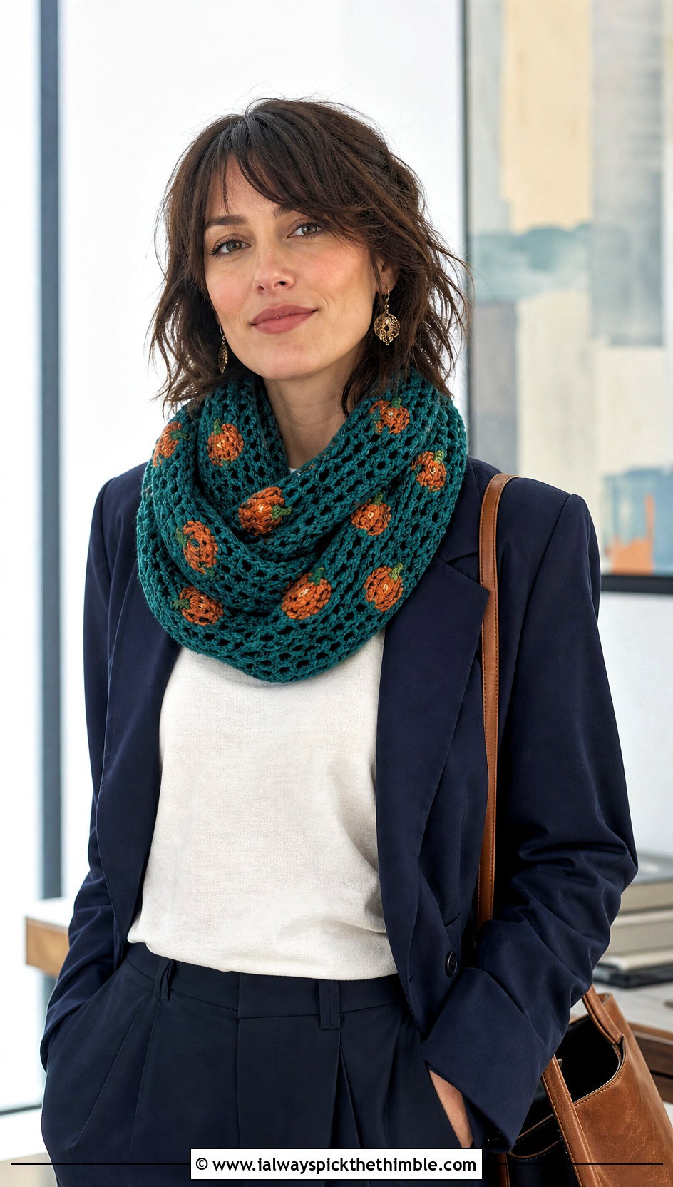 Pumpkin Motif Crochet Infinity Scarf With Trouser Suit - 15 crochet pumpkin scarf outfit ideas