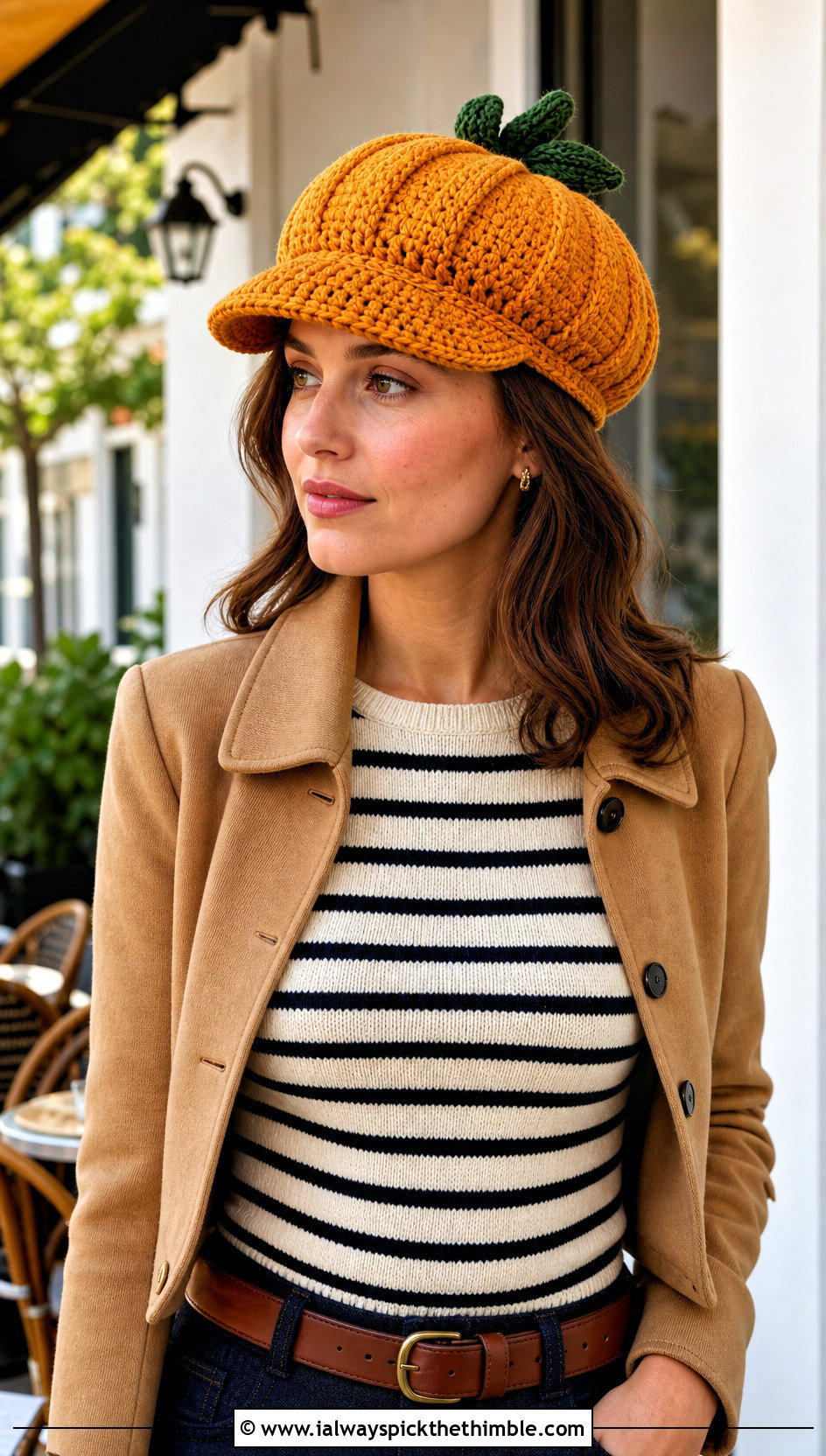 Pumpkin Newsboy Cap With Wide Leg Jeans - 25 crochet pumpkin hat outfit ideas