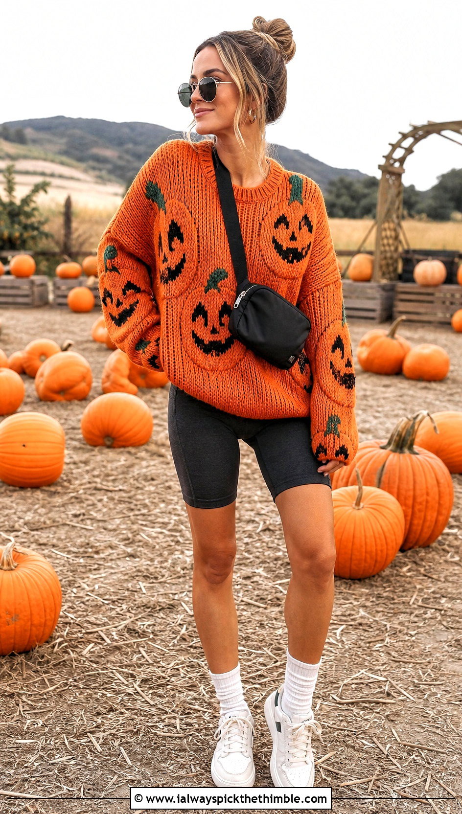 Pumpkin Oversized Halloween Crochet Jumper With Bike Shorts - 15 Halloween Crochet Jumper outfit ideas