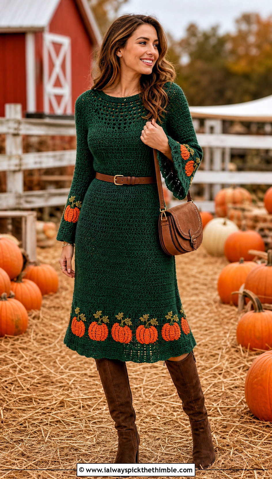 Pumpkin Patch Crochet Sweater Dress With Tall Boots - 20 Crochet Halloween Clothing and outfit ideas