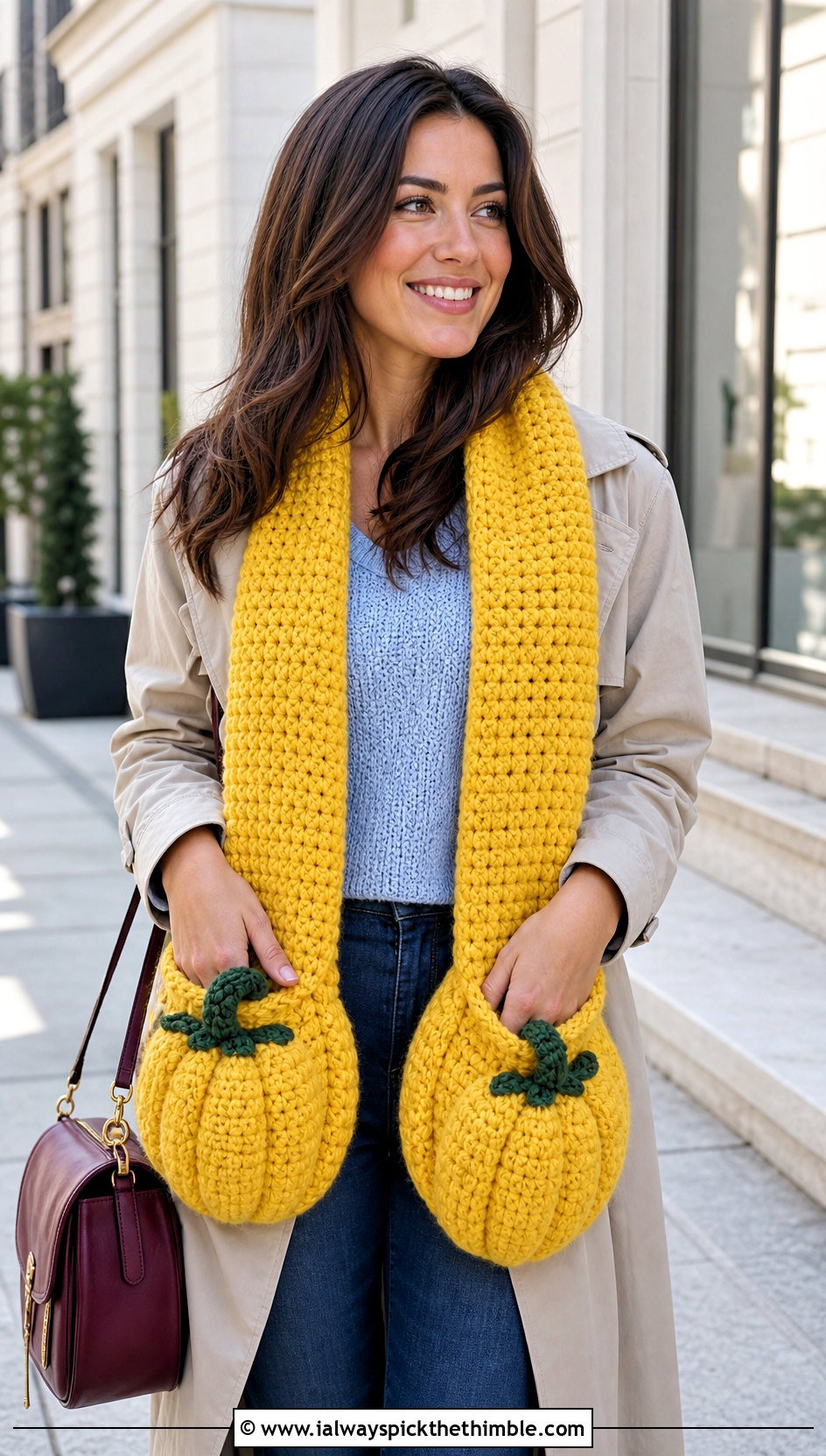 Pumpkin Pocket Crochet Scarf With Trench Coat - 15 crochet pumpkin scarf outfit ideas