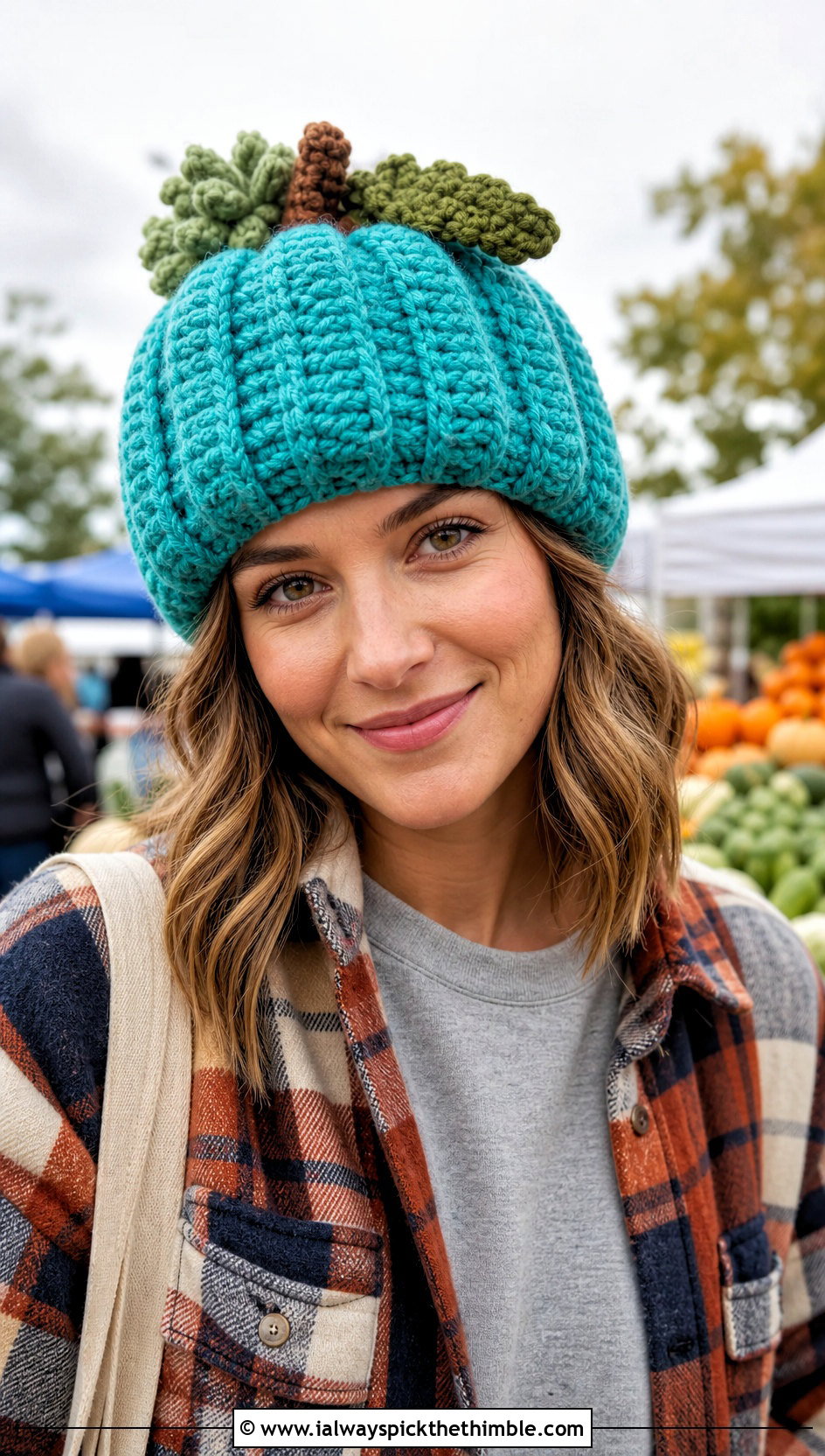 Pumpkin Pom Pom Beanie With Plaid Shacket - 15 Crocheted Pumpkin Hat outfit ideas