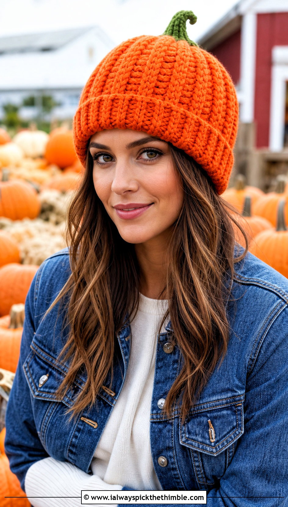 Pumpkin Ribbed Crochet Beanie With Denim Jacket - 20 Halloween Crochet Beanies outfit ideas