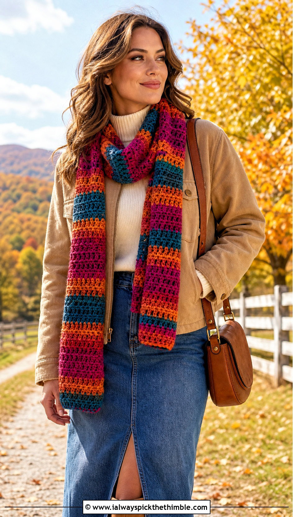 Pumpkin Spice Striped Crochet Scarf With Denim Midi Skirt - 15 crochet pumpkin scarf outfit ideas