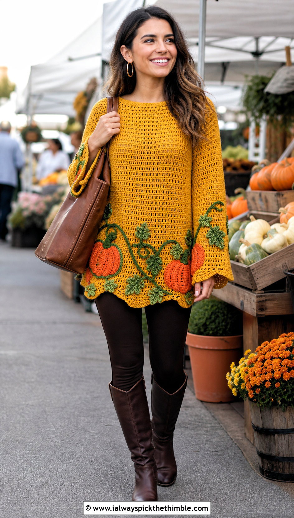 Pumpkin Vine Tunic Crochet Halloween Sweater With Stirrup Leggings - 25 Crochet Halloween Sweater outfit ideas