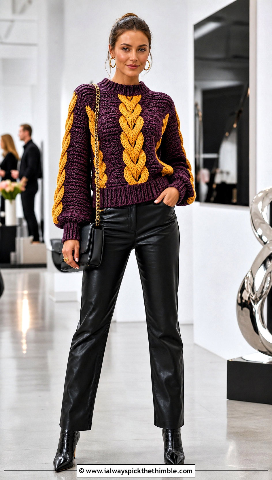 Purple And Yellow Cable Crochet Sweater With Leather Pants - 15 purple and yellow crochet sweater outfit ideas