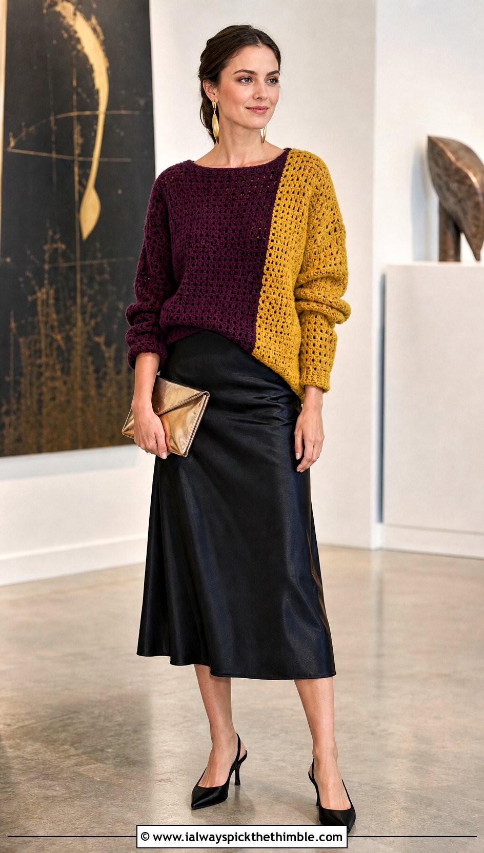 Purple And Yellow Color Block Sweater With Satin Midi Skirt - 15 purple and yellow crochet sweater outfit ideas