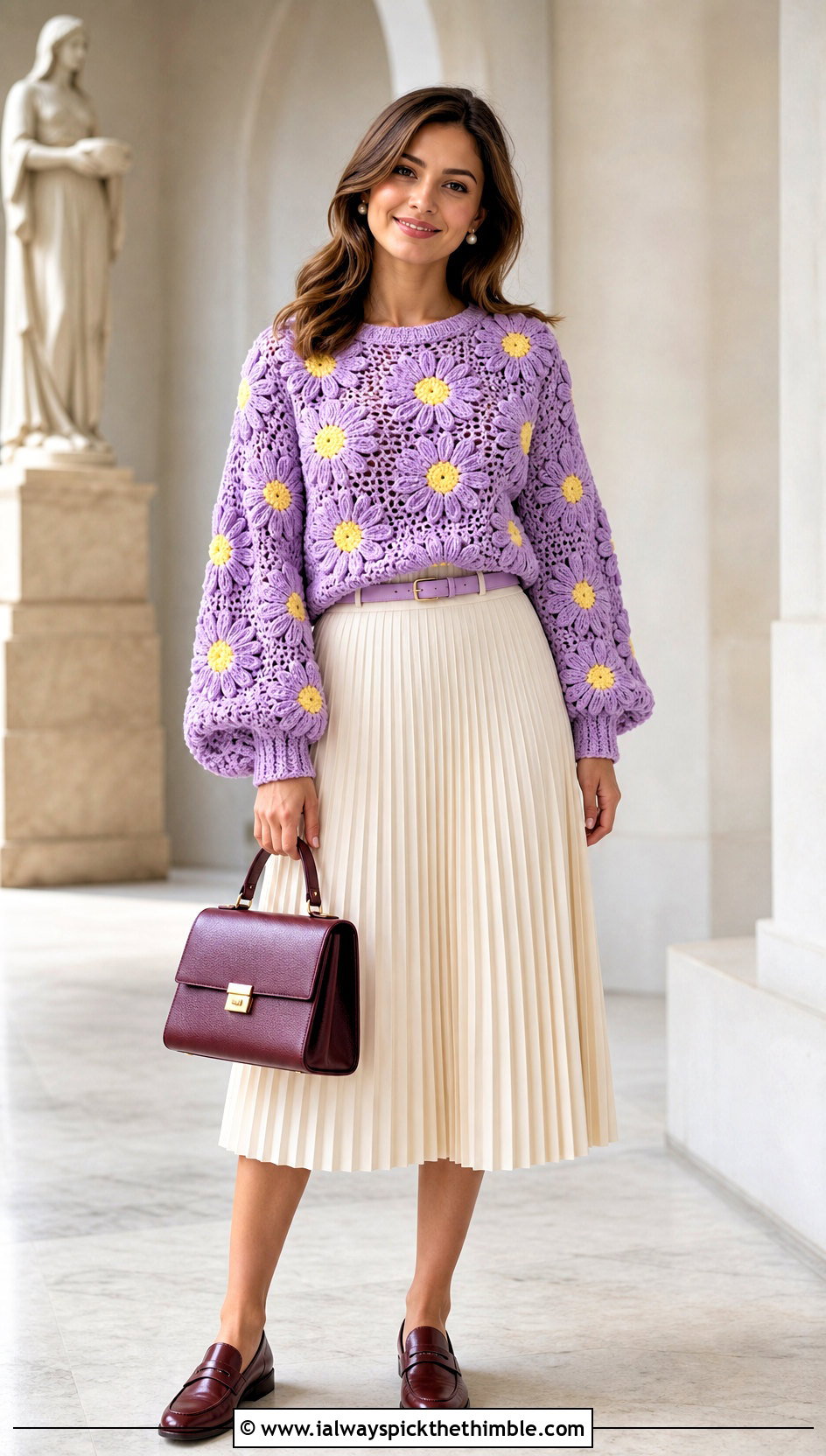 Purple And Yellow Floral Crochet Sweater With Pleated Midi Skirt - 15 purple and yellow crochet sweater outfit ideas