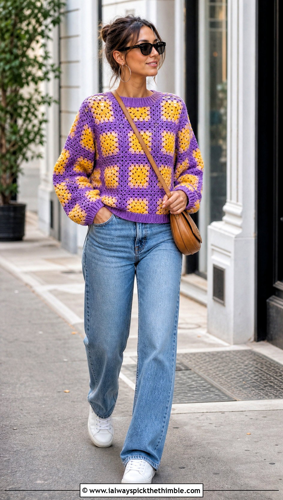 Purple And Yellow Granny Square Sweater With Straight Leg Jeans - 15 purple and yellow crochet sweater outfit ideas