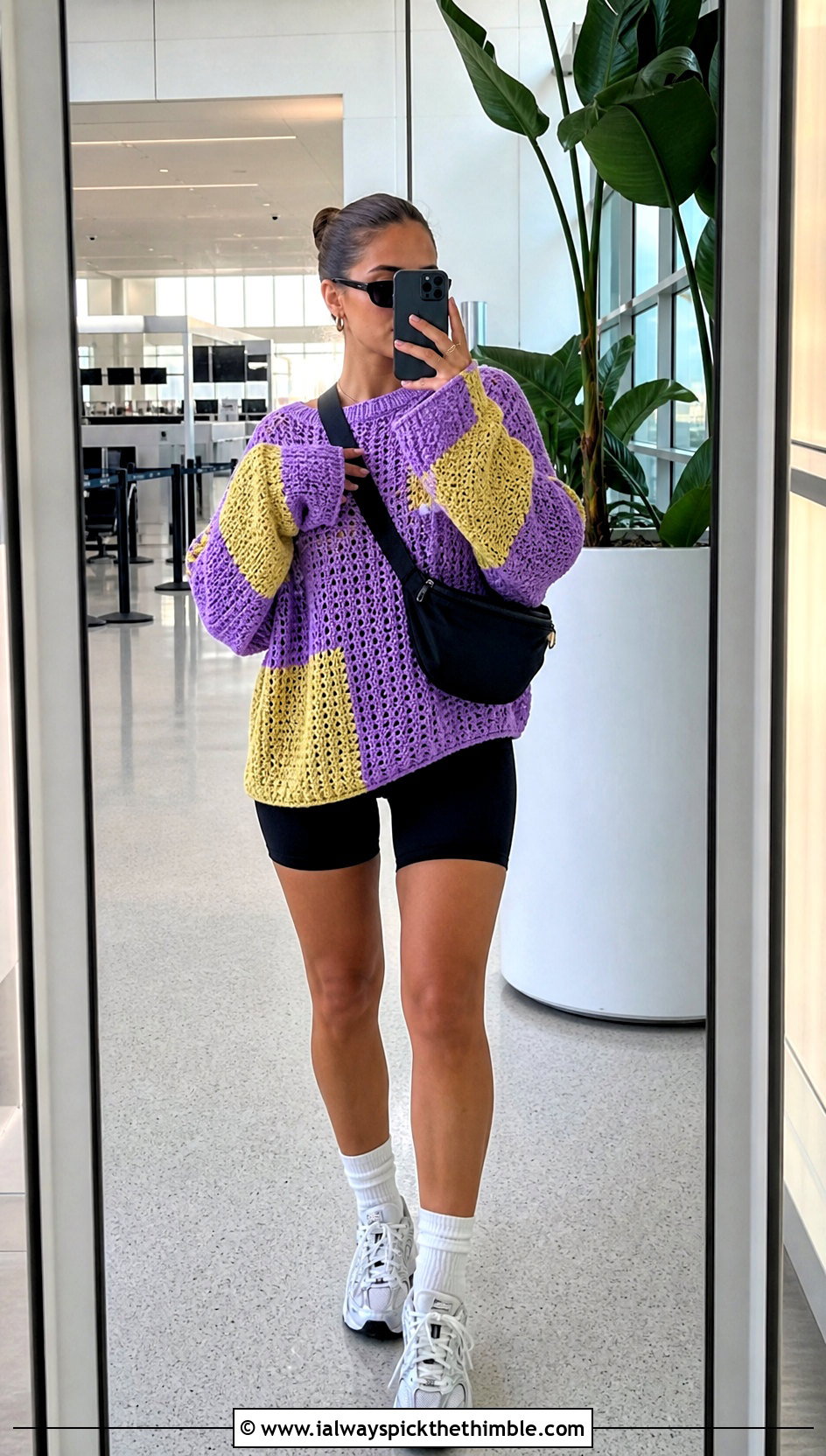 Purple And Yellow Oversized Drop Shoulder Sweater With Bike Shorts - 15 purple and yellow crochet sweater outfit ideas