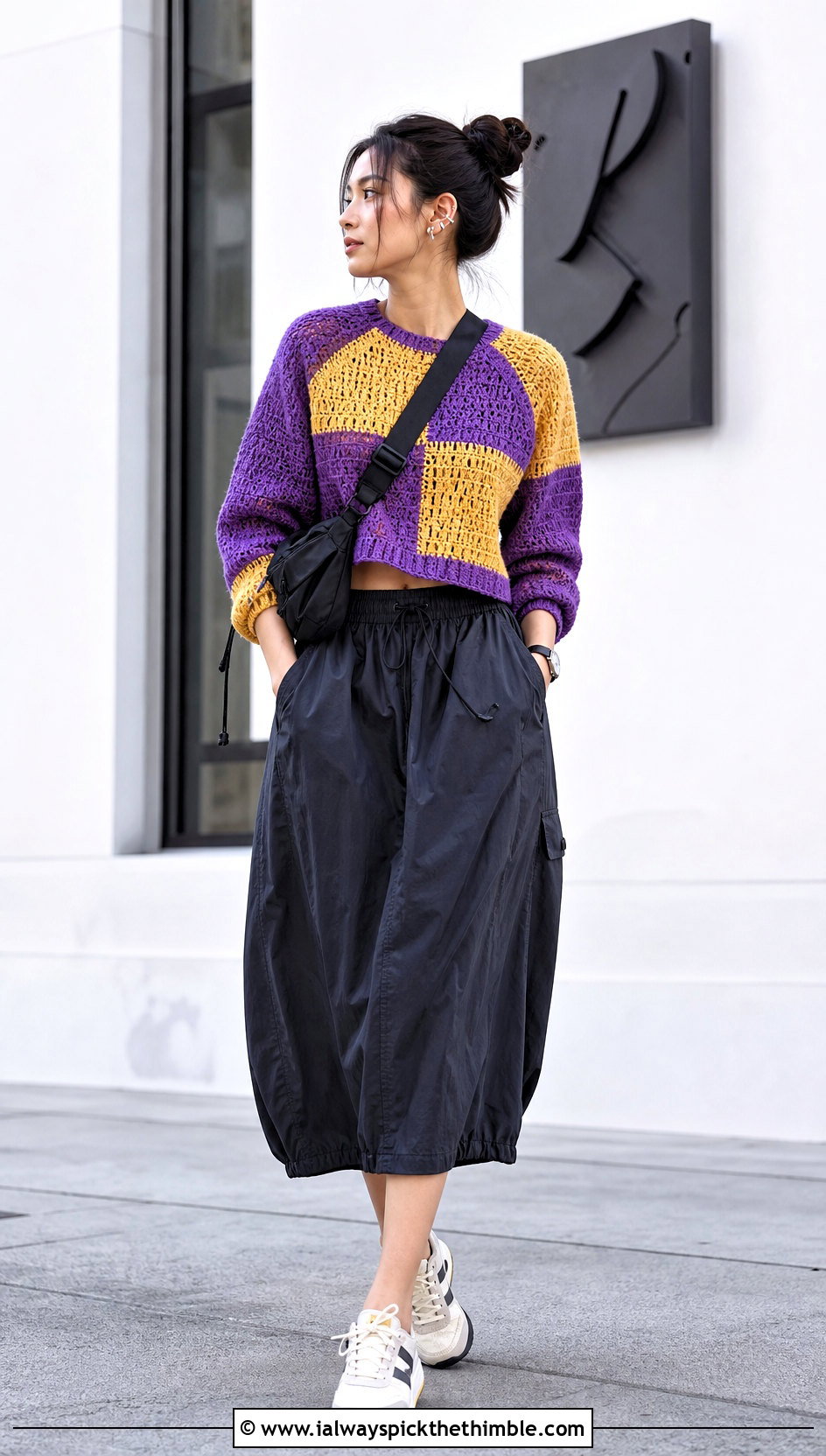 Purple And Yellow Patchwork Raglan Sweater With Parachute Skirt - 15 purple and yellow crochet sweater outfit ideas