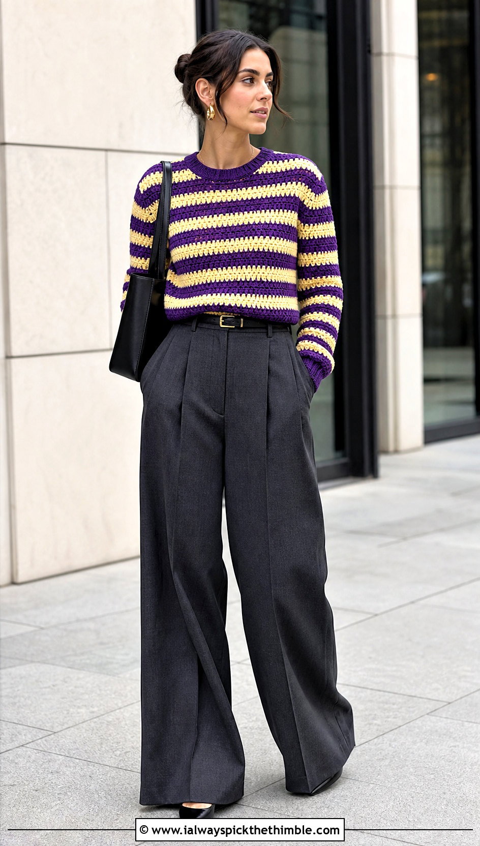 Purple And Yellow Striped Crewneck Sweater With Tailored Trousers - 15 purple and yellow crochet sweater outfit ideas