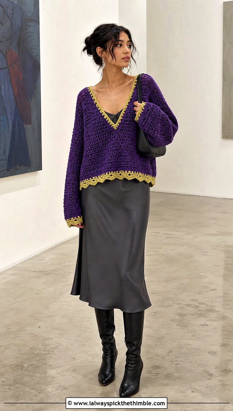 Purple And Yellow V Neck Crochet Sweater Over A Slip Dress - 15 purple and yellow crochet sweater outfit ideas
