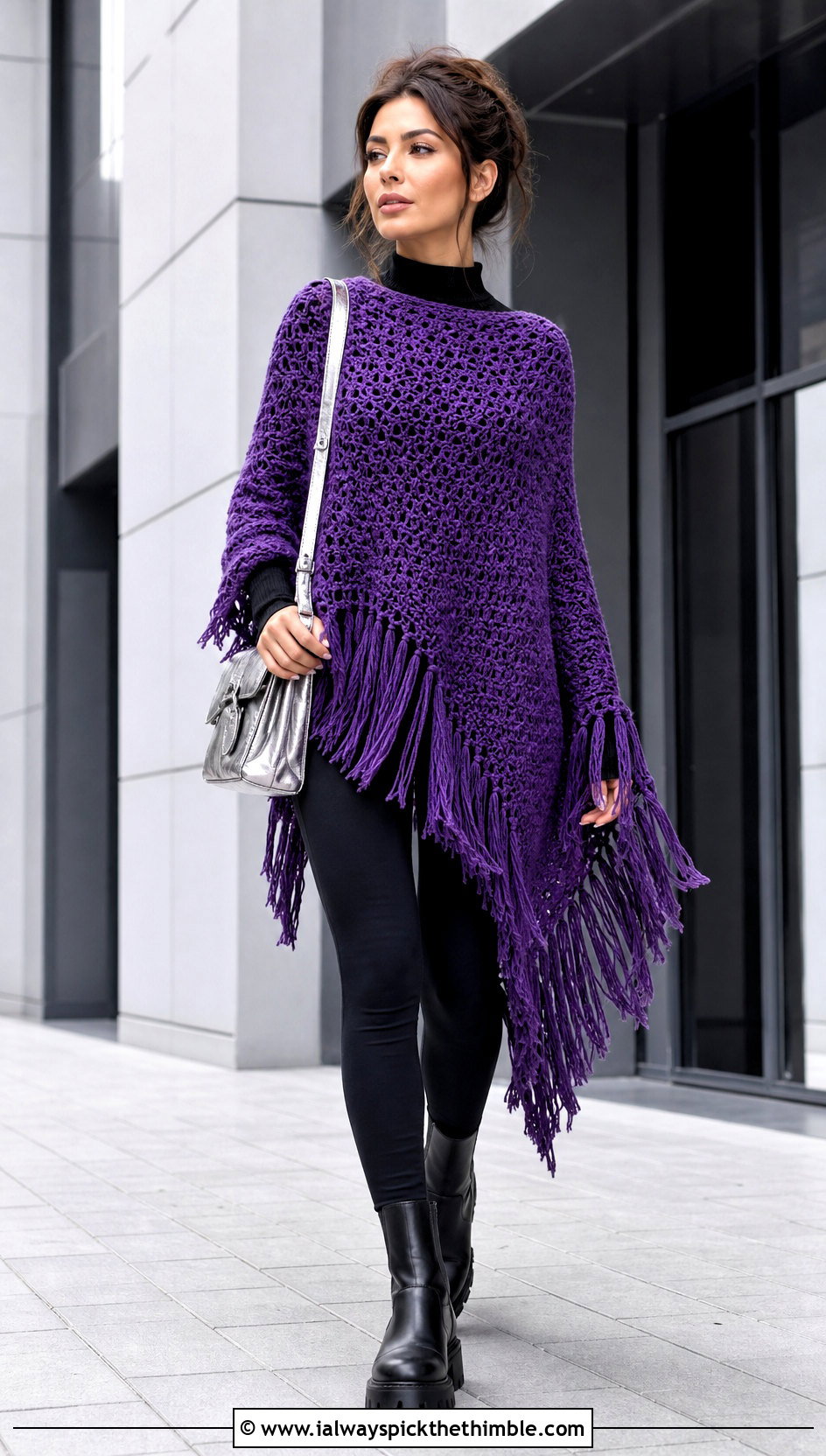 Purple Asymmetrical Fringe Poncho With Black Leggings - 15 Purple Crocheted Poncho outfit ideas
