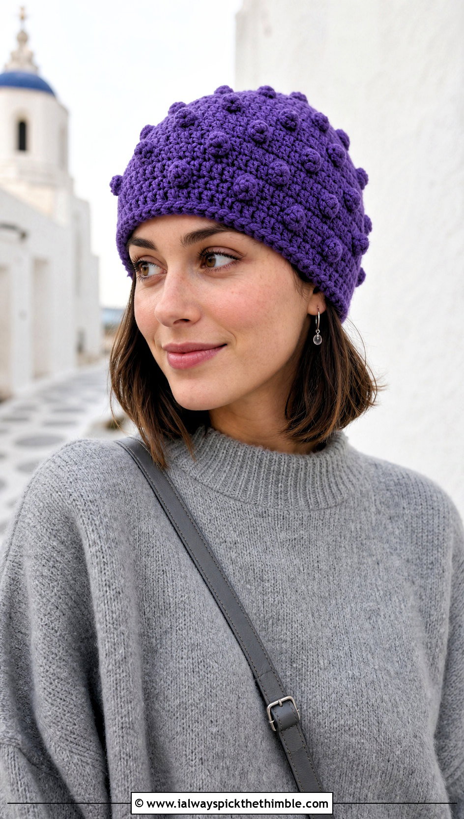 Purple Bobble Stitch Crochet Beanie With Monochrome Outfit - 20 purple crochet beanie outfit ideas