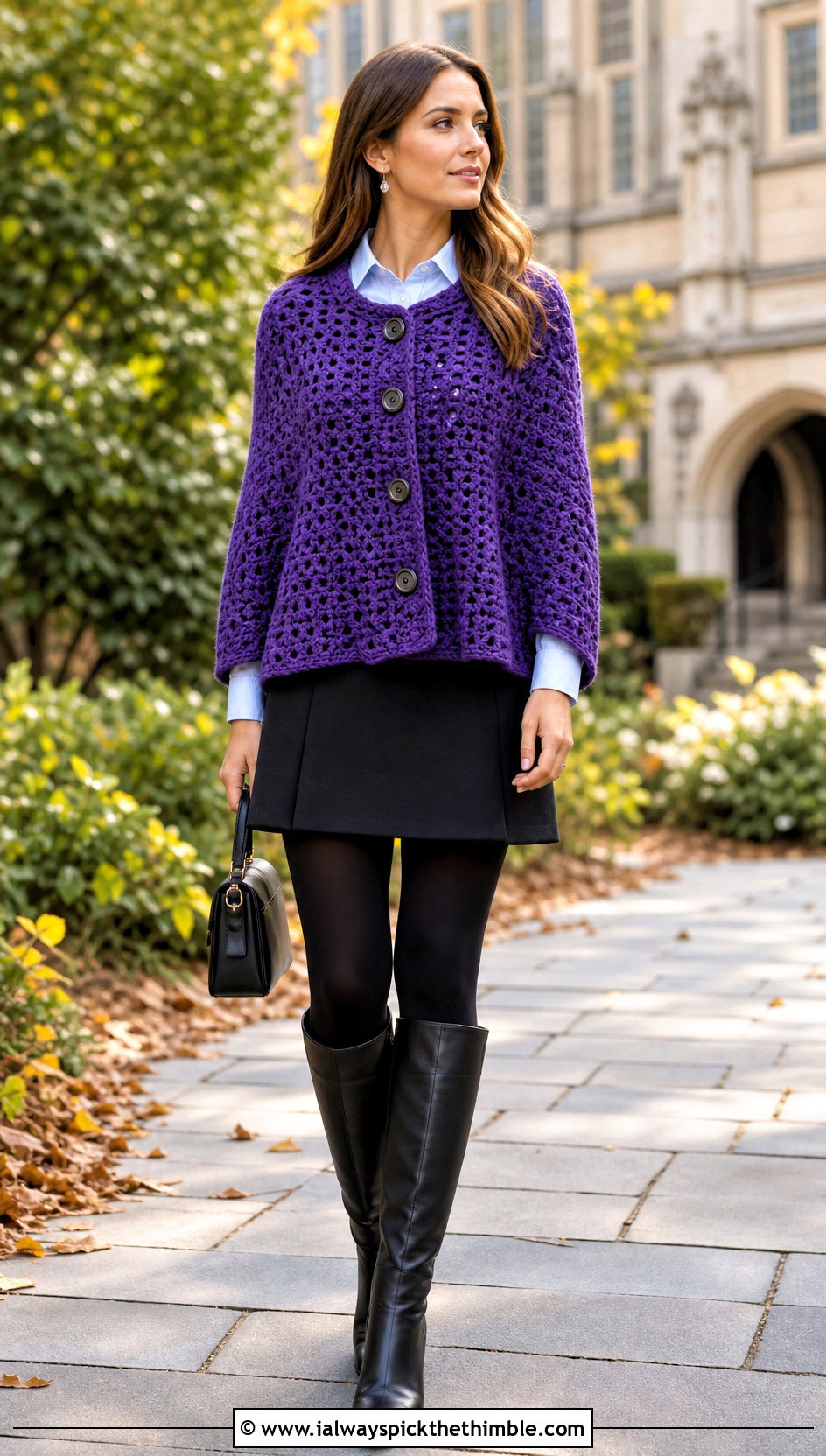 Purple Buttoned Shawl Poncho With Mini Skirt - 15 Purple Crocheted Poncho outfit ideas