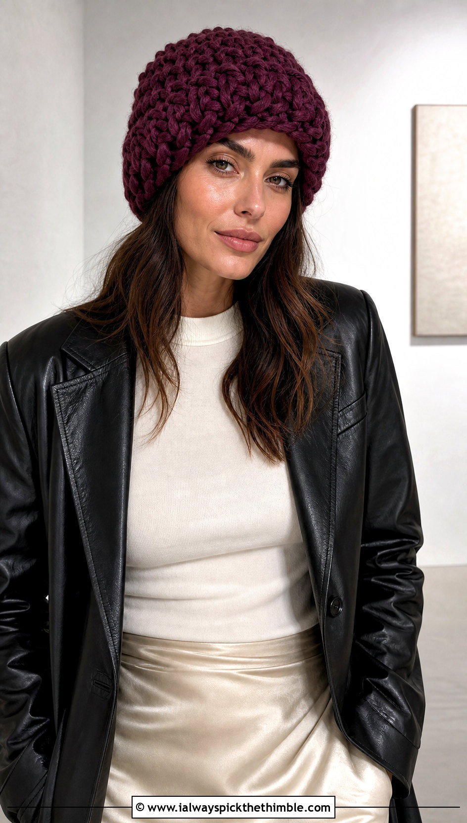 Purple Chunky Crochet Beanie With Leather Blazer - 20 purple crochet beanie outfit ideas