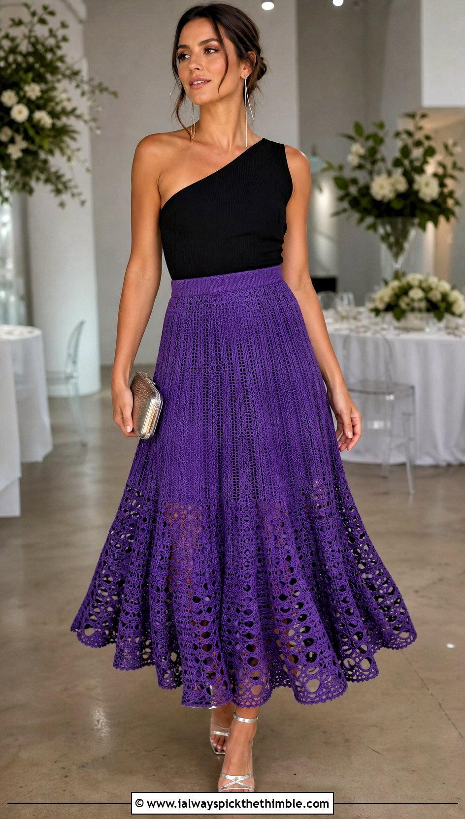 Purple Circle Crochet Skirt With One Shoulder Top - 20 purple crochet skirt outfit ideas