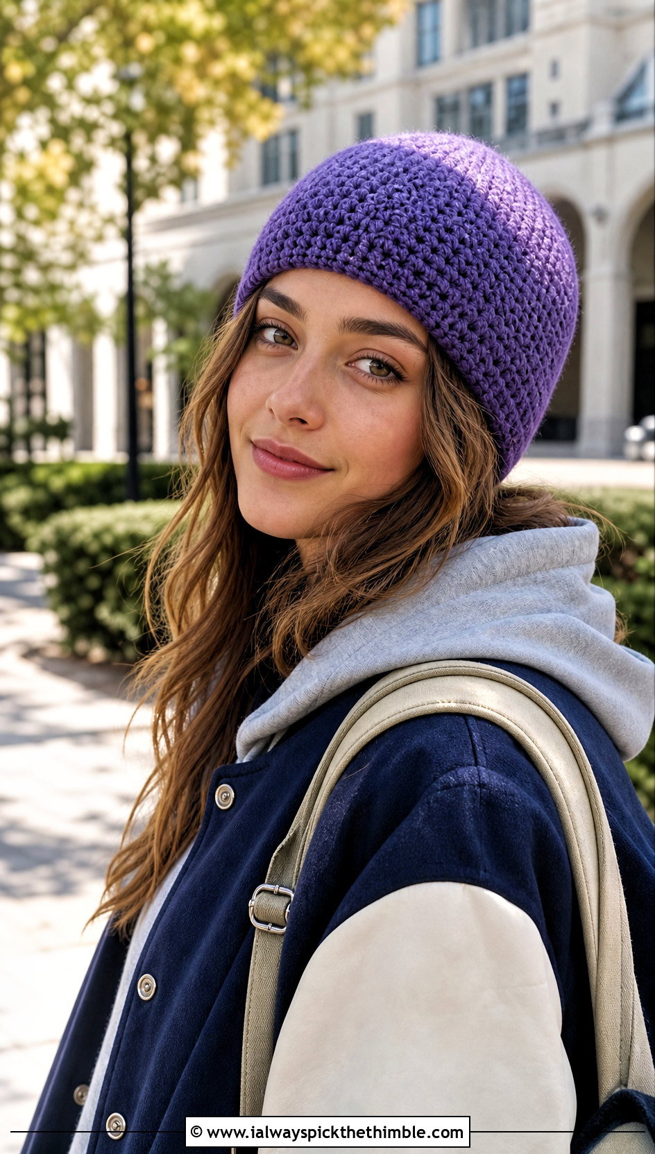 Purple Classic Fitted Crochet Beanie With Varsity Jacket - 20 purple crochet beanie outfit ideas