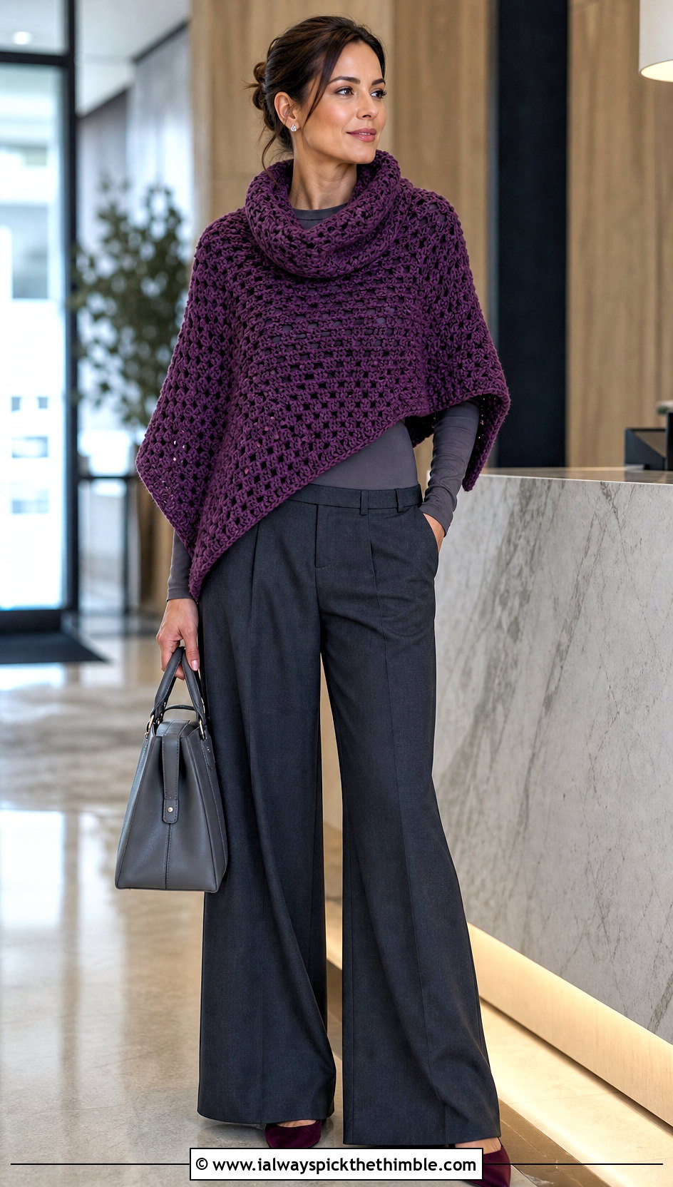 Purple Cowl Neck Crochet Poncho With Tailored Trousers - 15 Purple Crocheted Poncho outfit ideas