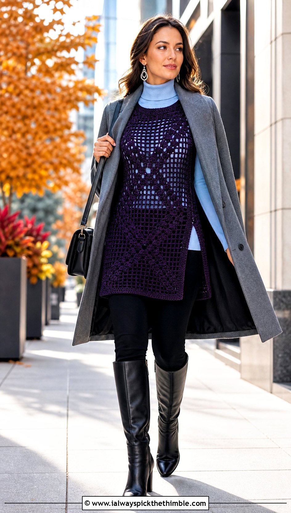 Purple Crochet Tunic Top With Slim Pants And Boots - 15 purple crochet top design outfit ideas