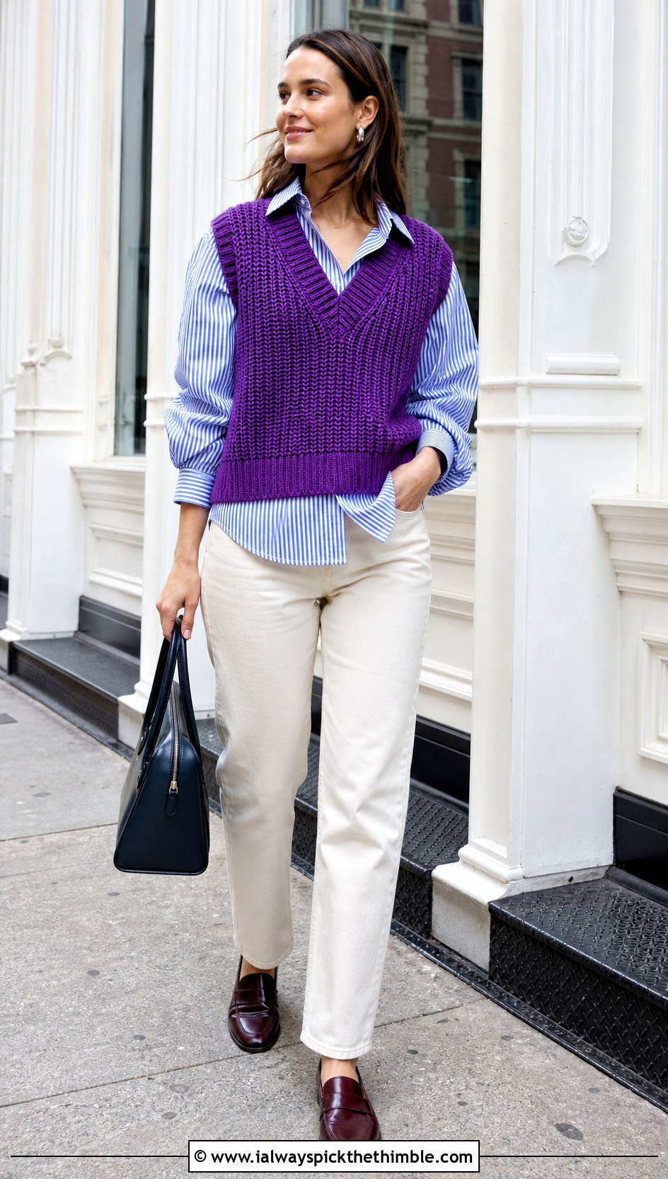 Purple Crochet Vest Top With Striped Shirt And Jeans - 15 purple crochet top design outfit ideas