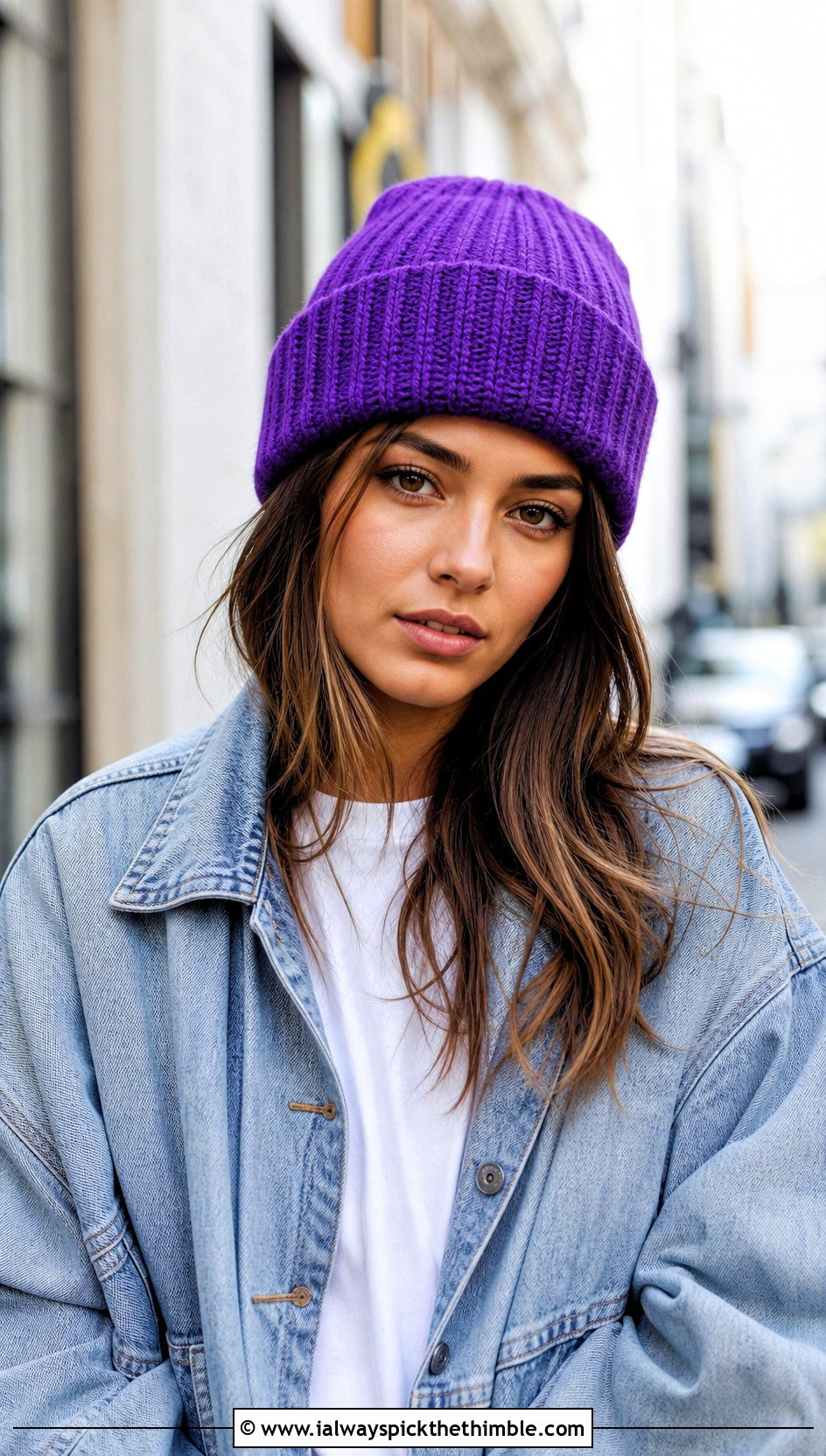 Purple Cuffed Ribbed Crochet Beanie With Denim Jacket - 20 purple crochet beanie outfit ideas
