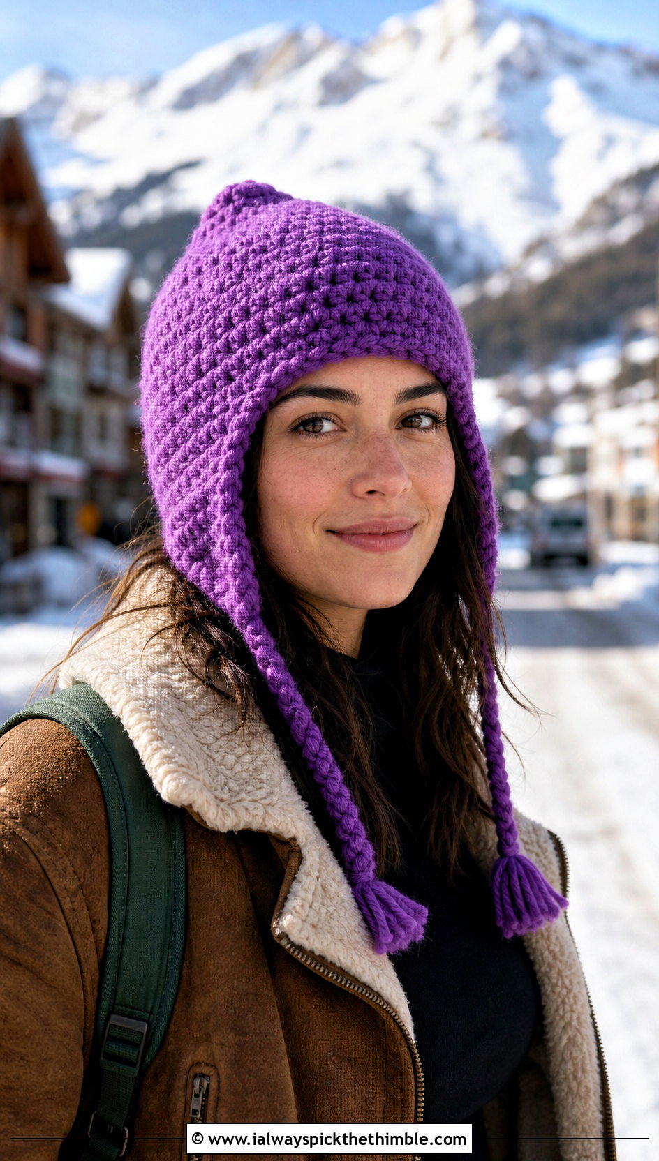 Purple Earflap Crochet Beanie With Shearling Jacket - 20 purple crochet beanie outfit ideas