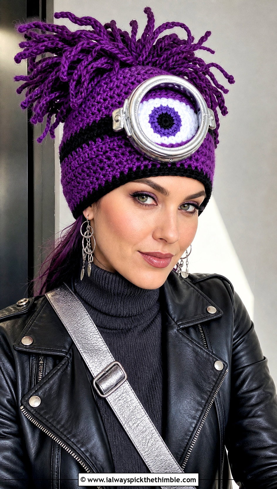 Purple Evil Minion Crochet Hat With Leather Jacket - 20 Crochet Minion Hats outfit ideas