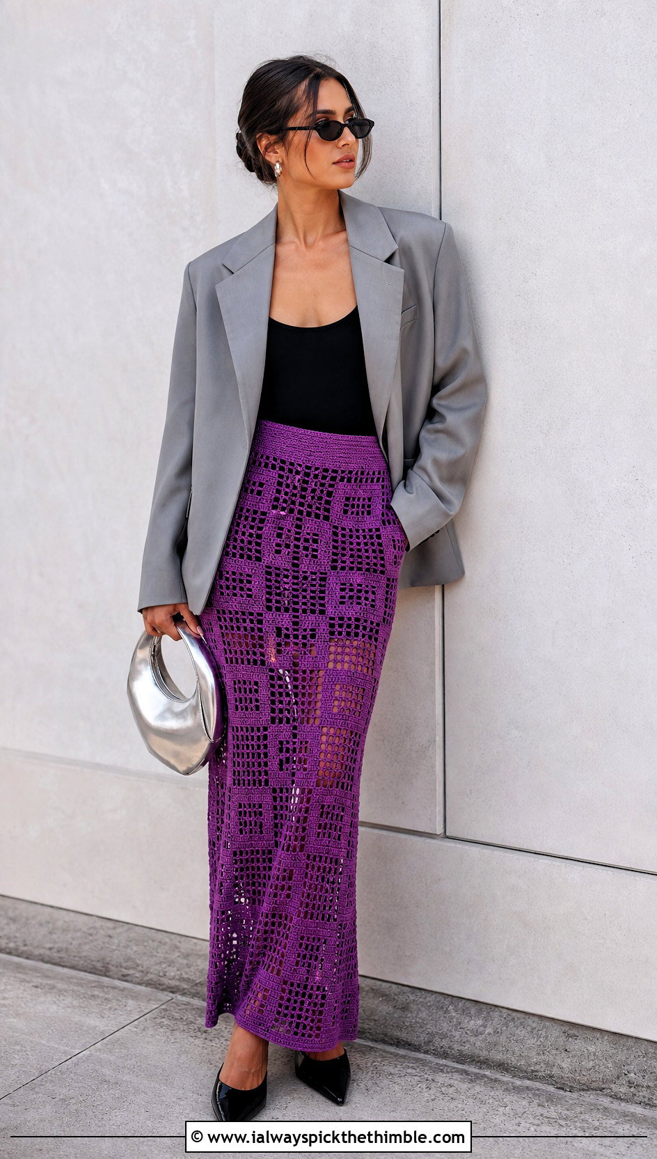 Purple Filet Crochet Maxi Skirt With Oversized Blazer - 20 purple crochet skirt outfit ideas