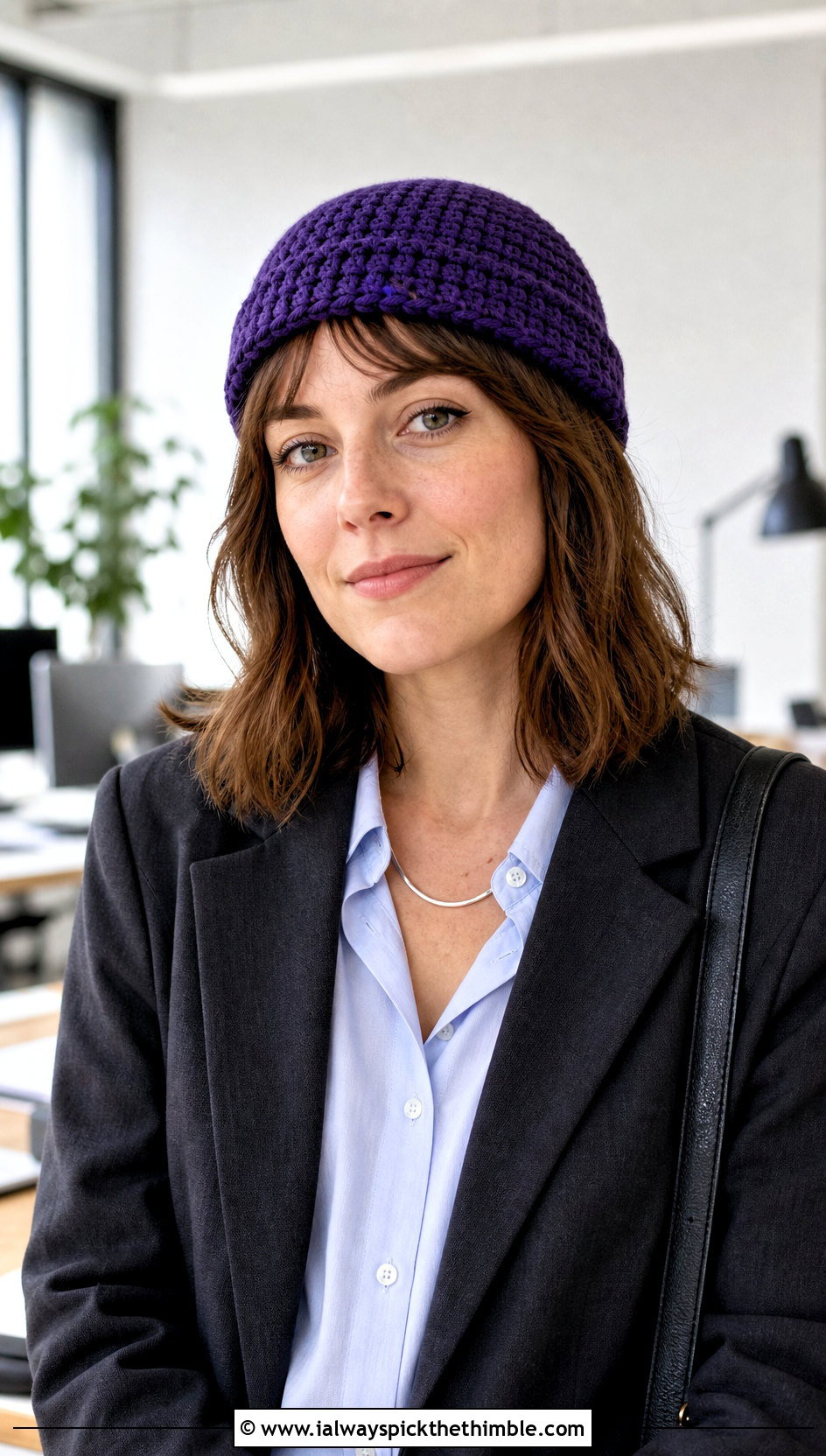 Purple Fisherman Crochet Beanie With Tailored Suit - 20 purple crochet beanie outfit ideas