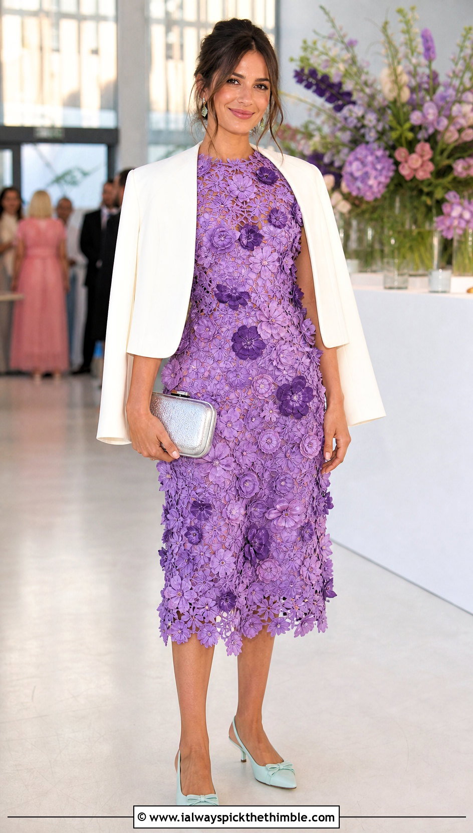 Purple Floral Crochet Dress With Kitten Heels - 25 purple crochet dress outfit ideas