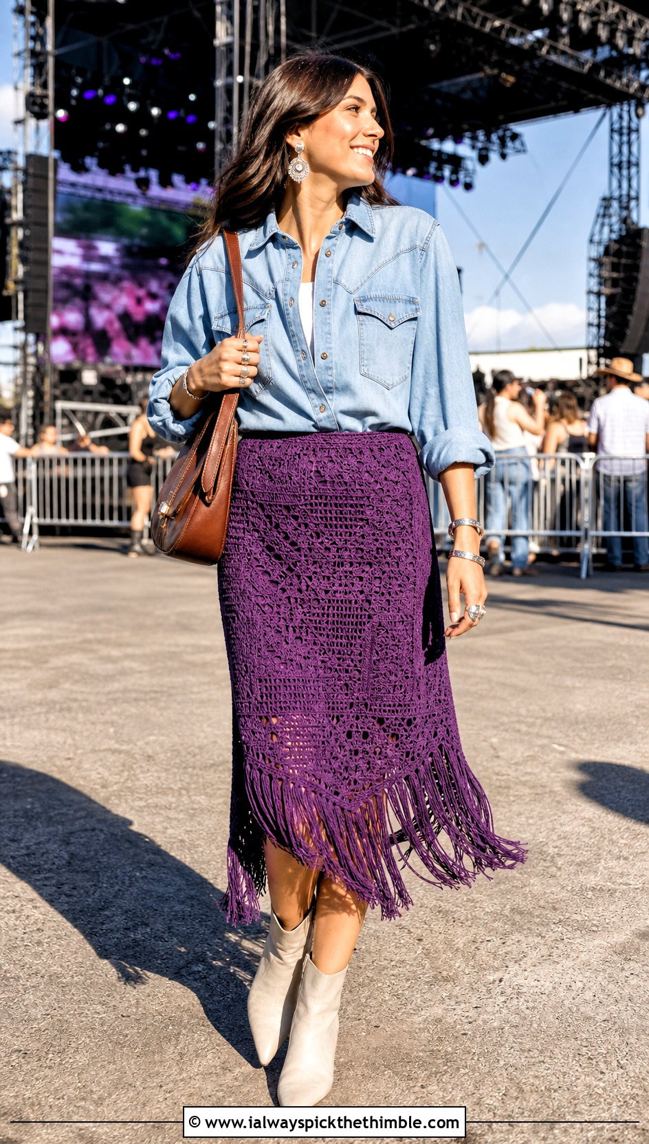 Purple Fringe Midi Skirt With Western Shirt - 20 purple crochet skirt outfit ideas